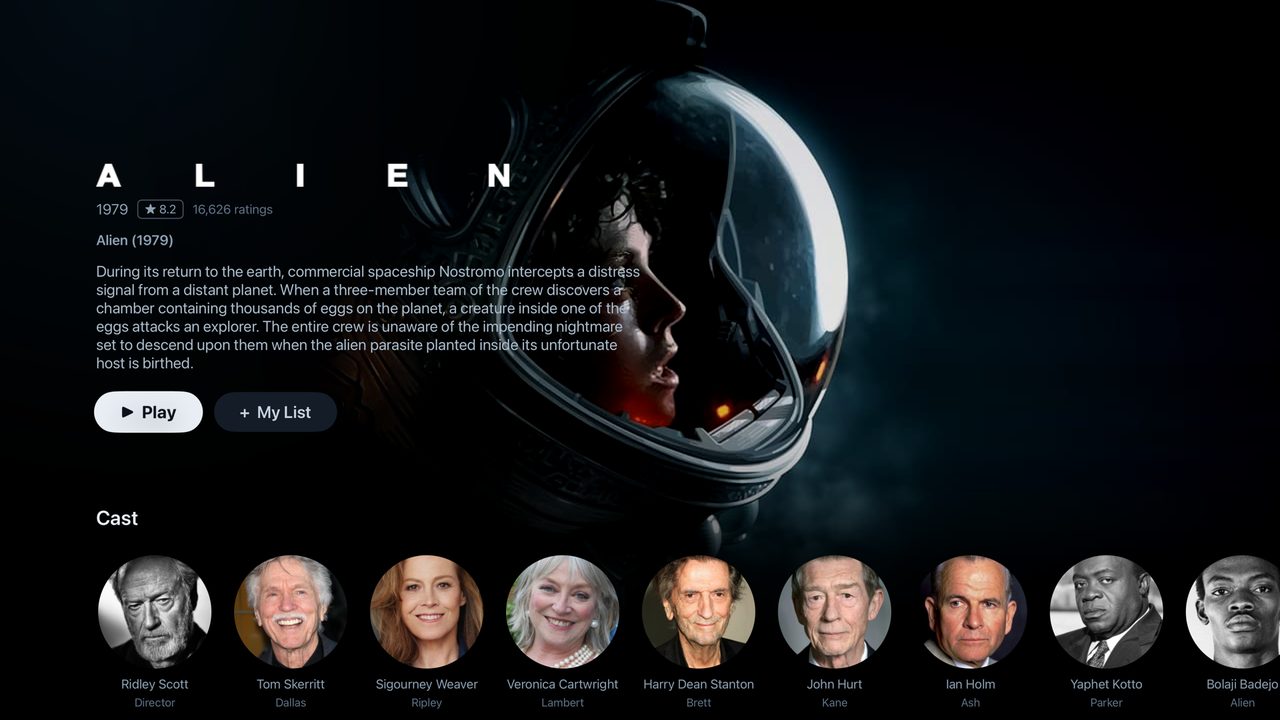 A film page showing title artwork, rating, synopsis and a cast row.