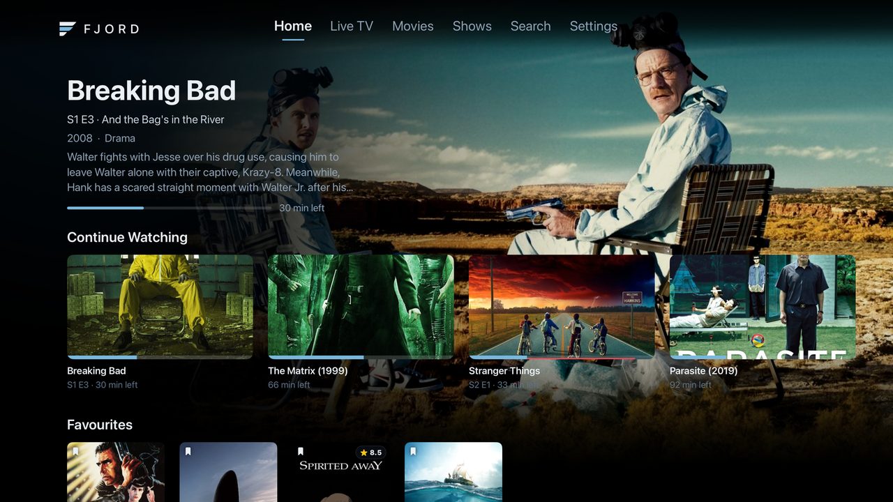 The Fjord Player home screen, showing a highlighted series with artwork and a Continue Watching row.