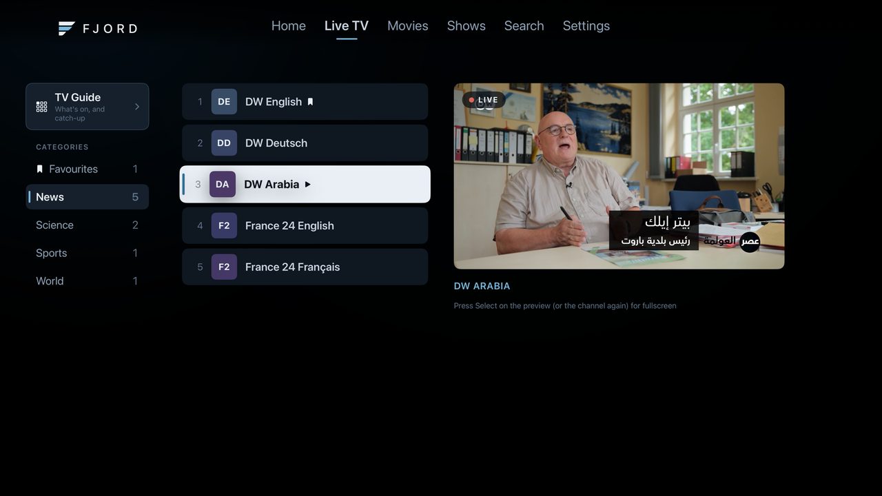 Live TV: a numbered channel list beside a live preview window.