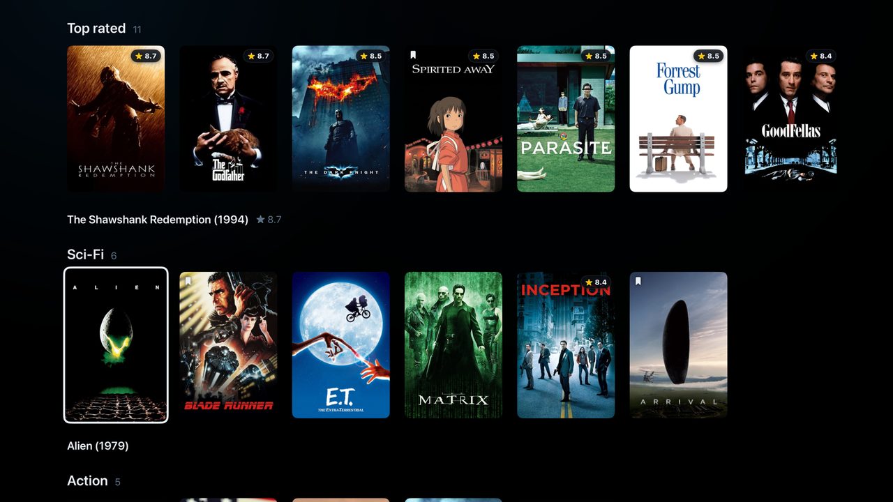 A grid of film posters with rating badges, grouped into rows by genre.