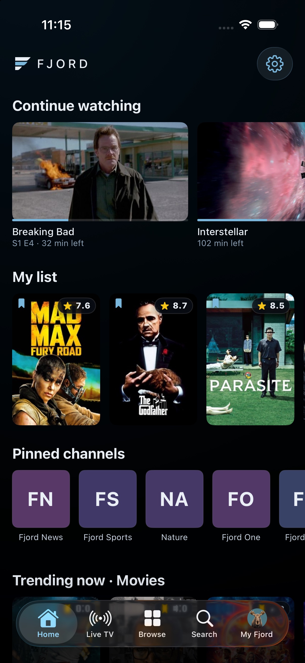 Fjord Player on iPhone, showing Continue Watching, favourites and pinned channels from a demo library.